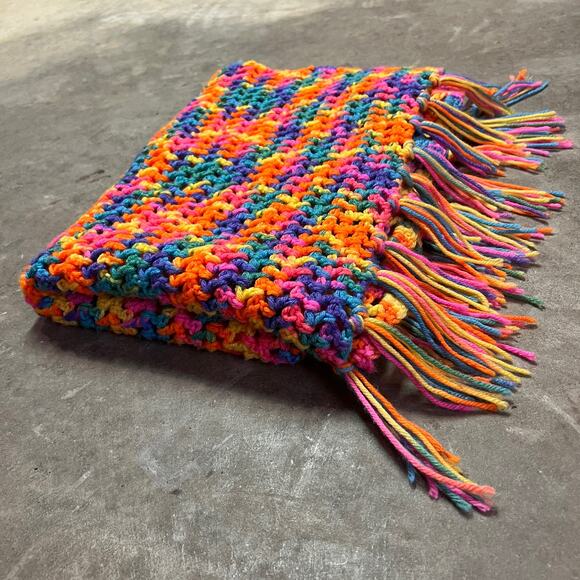 Vintage Crochet Throw Blanket Handmade Granny Funky‎ Bright Neon Rainbow - Picture 3 of 5